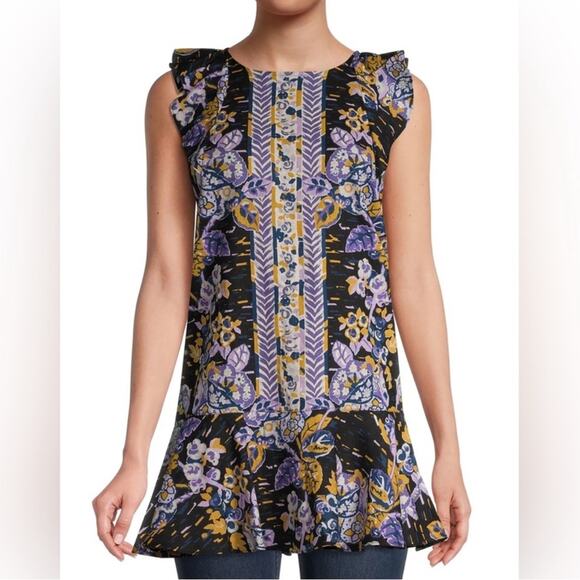 Free People Women’s Summer In Tulum Purple Black Floral Linen Sleeveless Tunic S - Picture 1 of 13